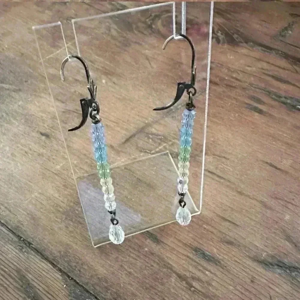 Blue, Green, White Long Drop Crystal Earrnings - Picture 3 of 5